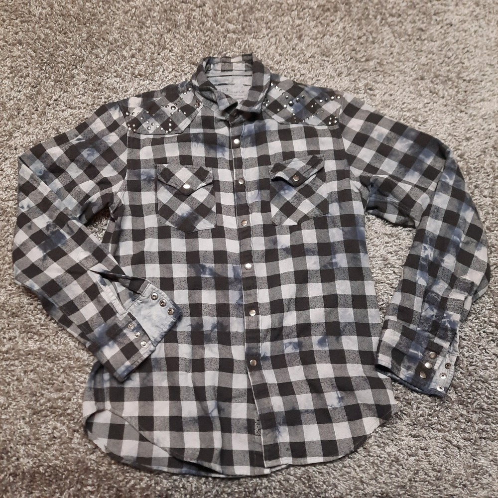 Guess LA Flannel Snap Shirt Women Medium‎ Gray Check Western Ladies Top